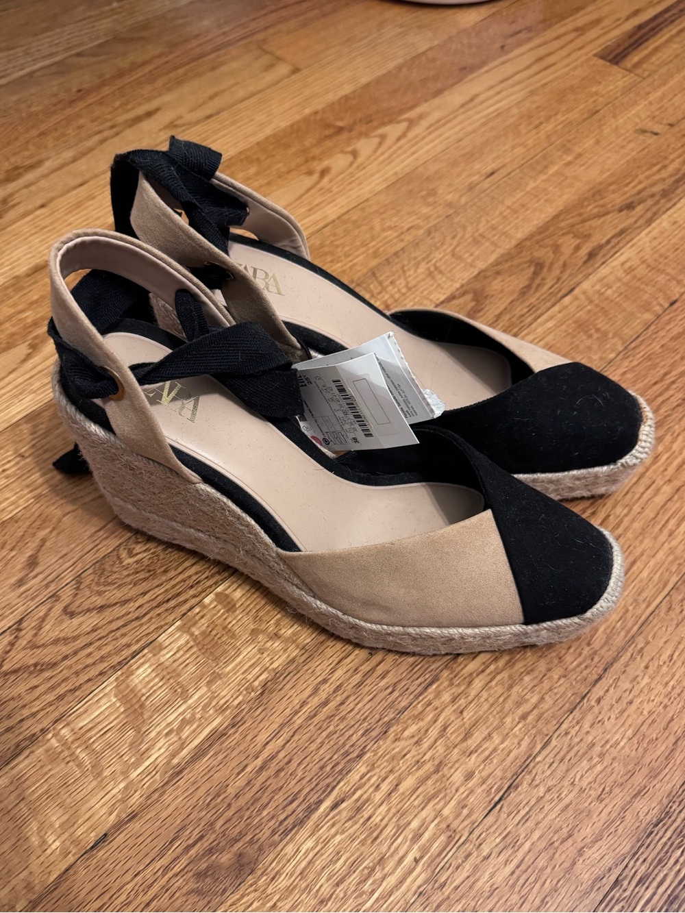 Zara Two-Tone Black and Beige Espadrille Wedge Sandals with Ankle Tie